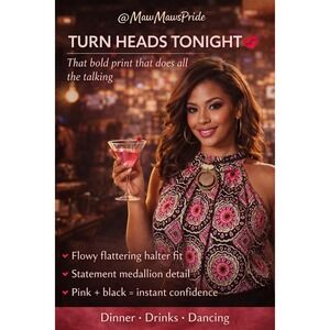 FIGURE FLATTERING BOHO AGB Pink Black Medallion Halter Top STATEMENT Ring Size L